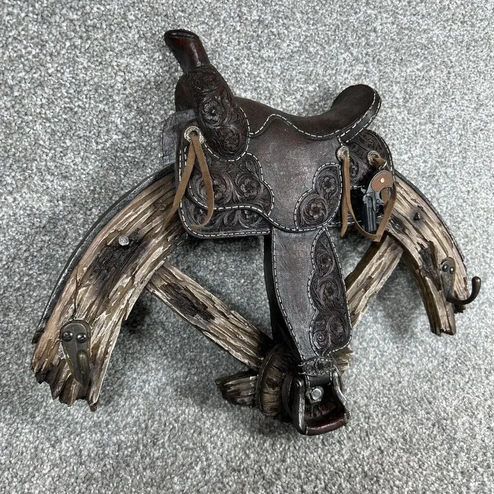 Western Wagon Wheel Horse Saddle Decor Coat Hat Rack with Hooks 14" Wide Heavy - Picture 2 of 12